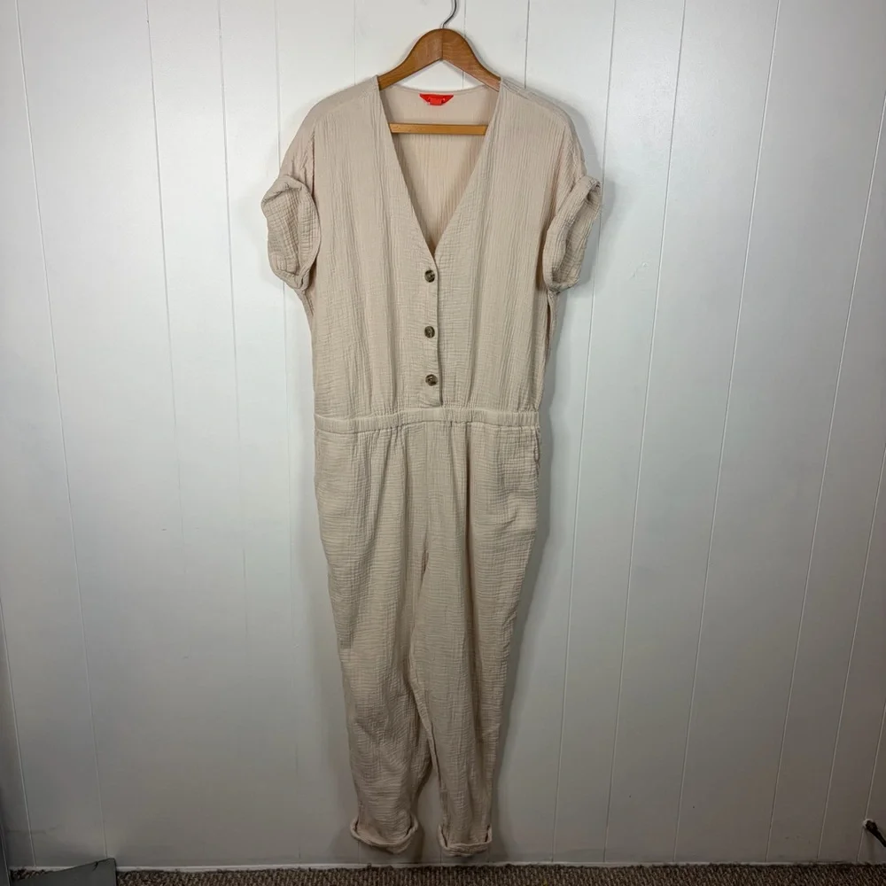 Joe Fresh Beige Tan Short Sleeve Jumpsuit Pockets Size XL Summer Size resort - Picture 3 of 8